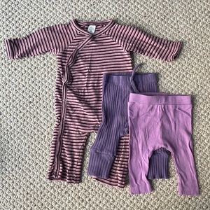 Lot of purple Kate Quinn organic cotton one piece suit and pants. 0-3 months